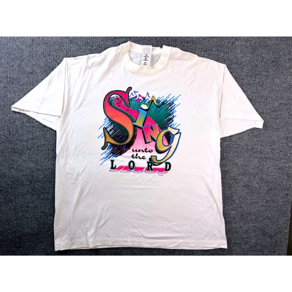 Vintage 90s Fruit of the Loom Sing Unto The Lord Graphic Tee XXL White USA Made
